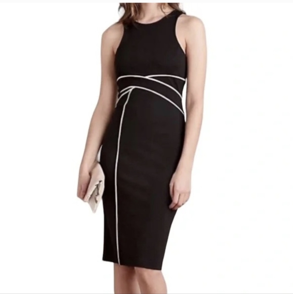 Maeve Elegant Black Midi Dress with White Detailing